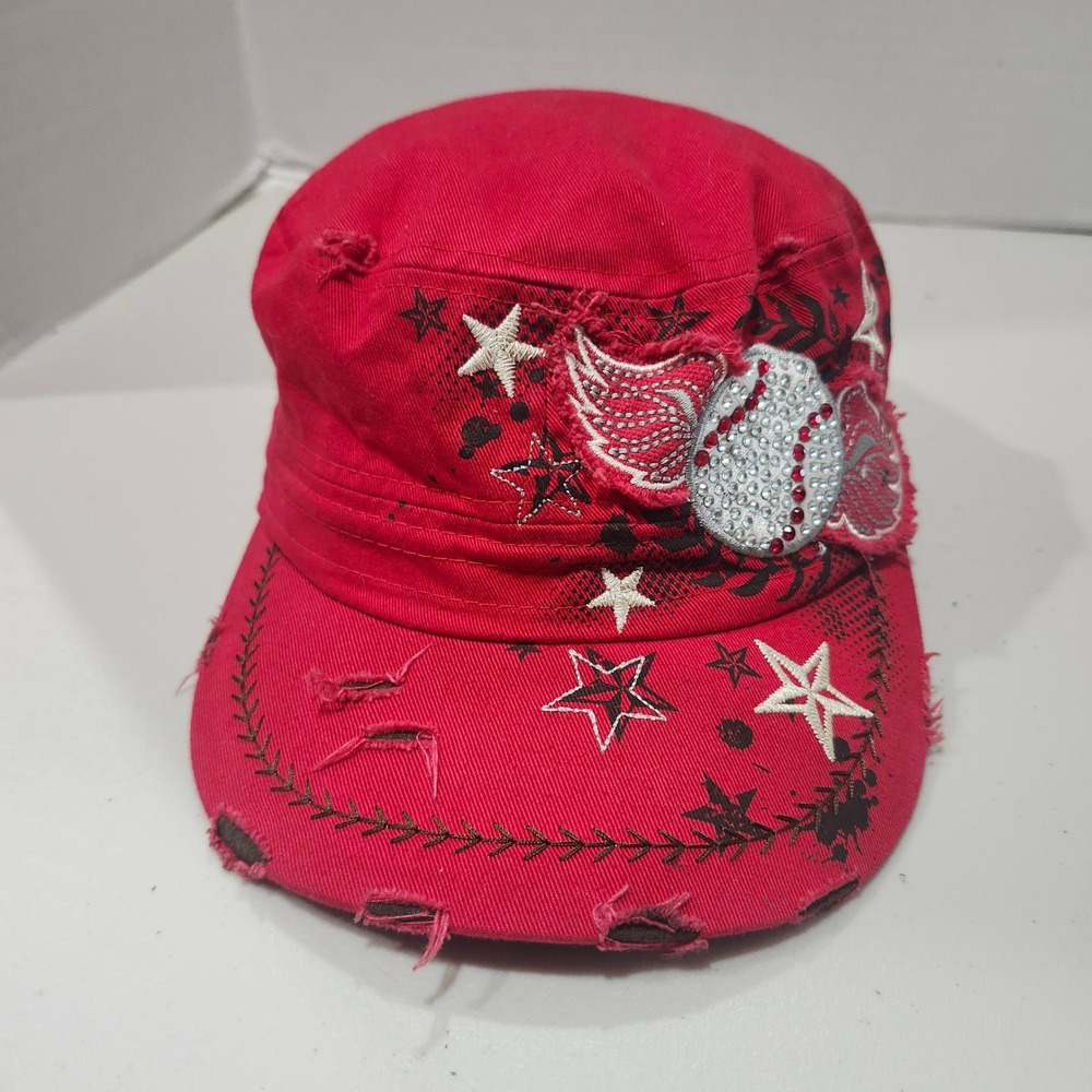 Cadet Red Rhinestone Distressed Hat Cap Baseball Stars Military Adjustable woman